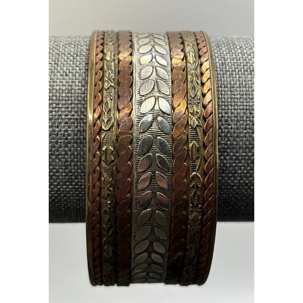 VTG Boho Tribal Mixed Metal Cuff Bracelet Brass Copper Wide Applied Patterns 8"